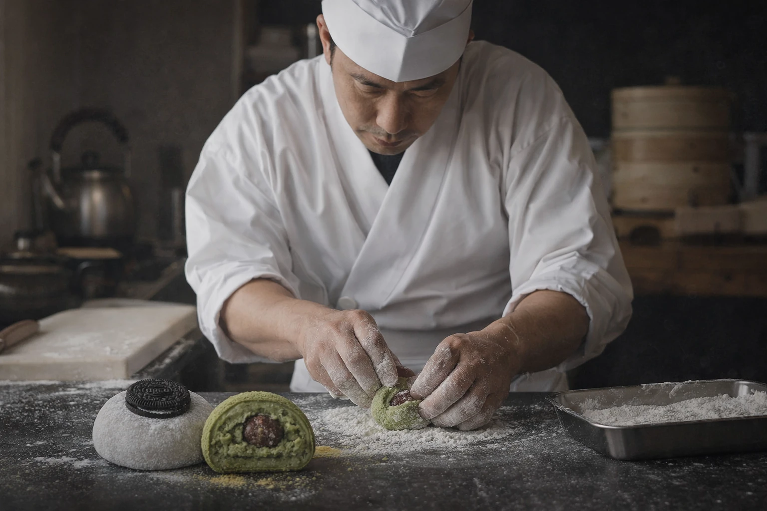 Cocinero preparando mochis Kavori